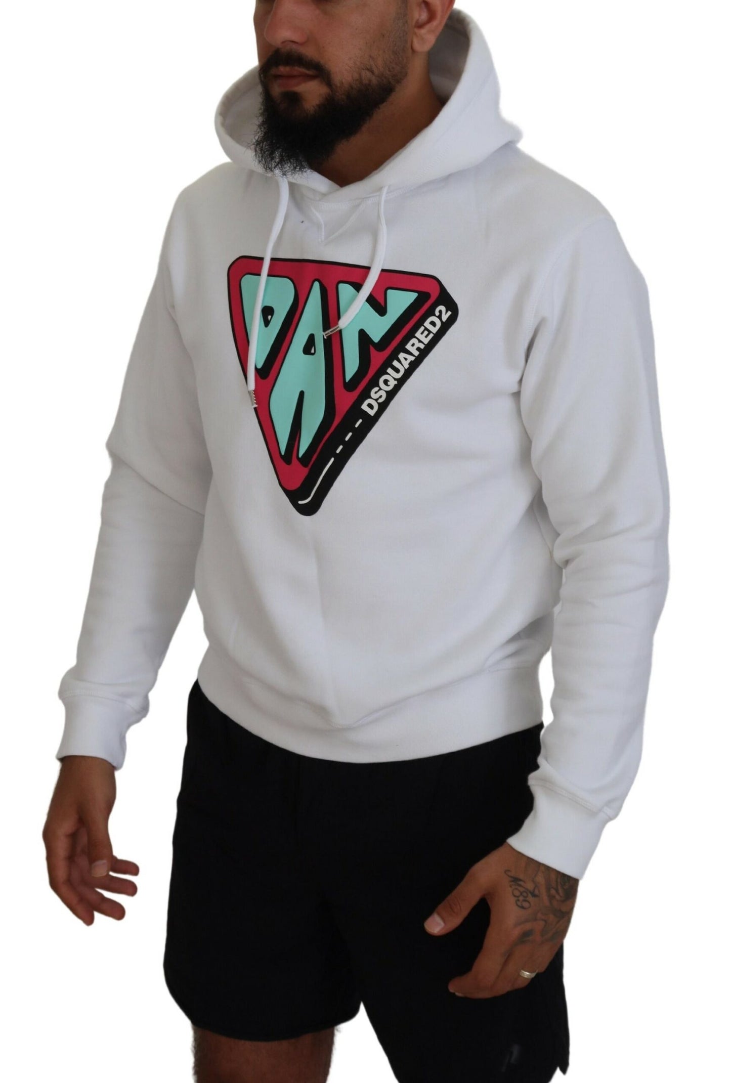 Dsquared² Weißer bedruckter Pullover aus Baumwolle mit Kapuze