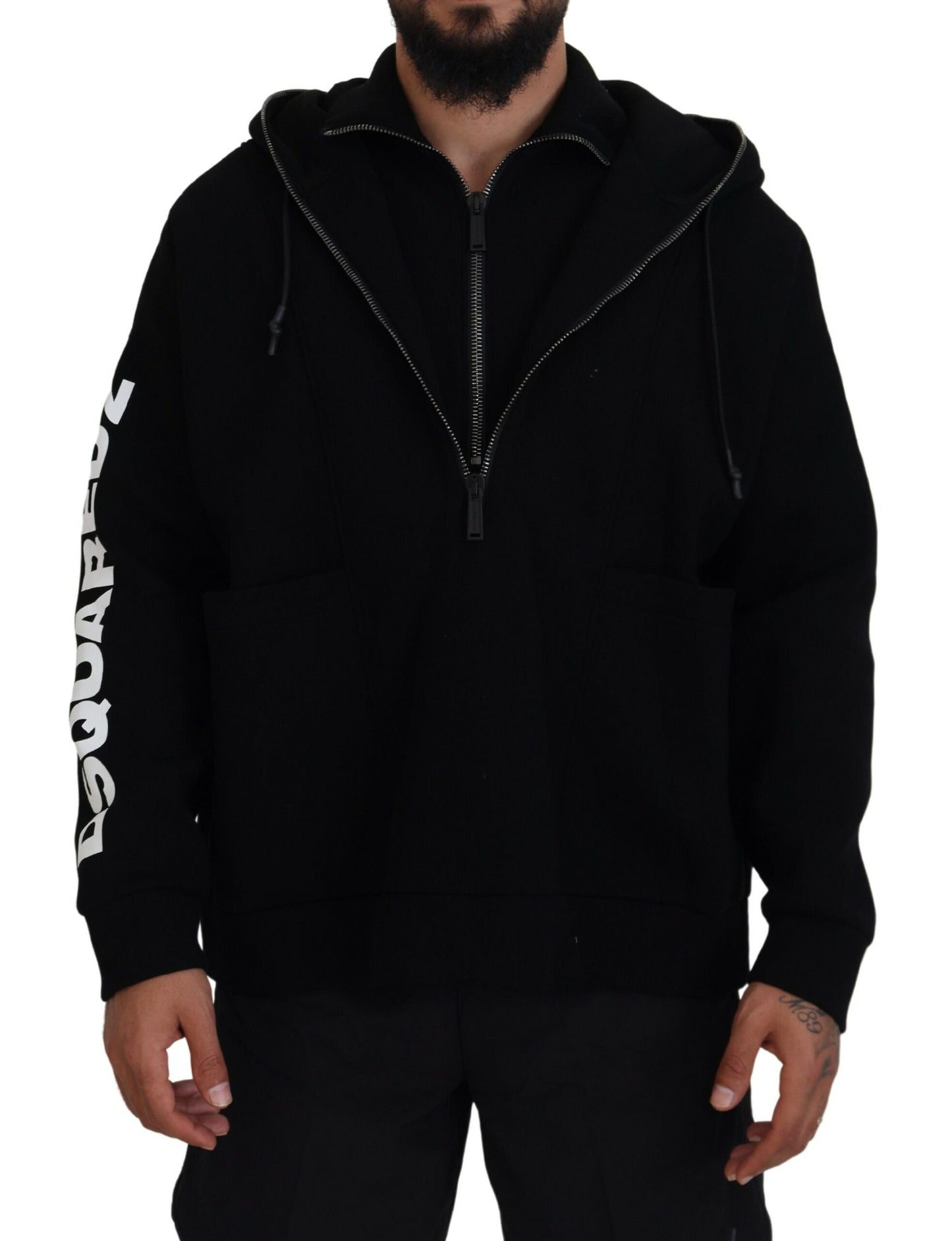 Dsquared² Schwarzer Pullover mit bedruckten Ärmeln und doppeltem Reißverschluss