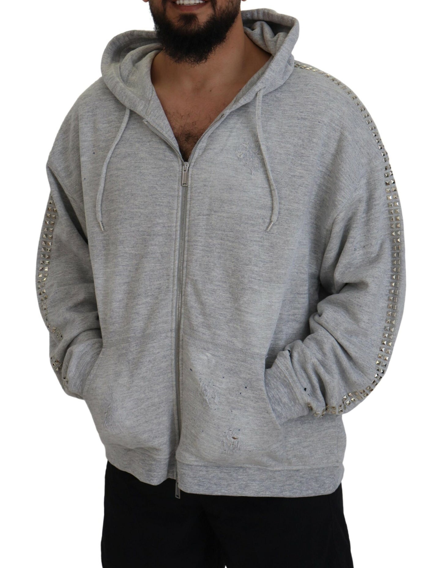 Dsquared² Grauer Pullover mit Kapuze und gedruckter Kristall-Verzierung