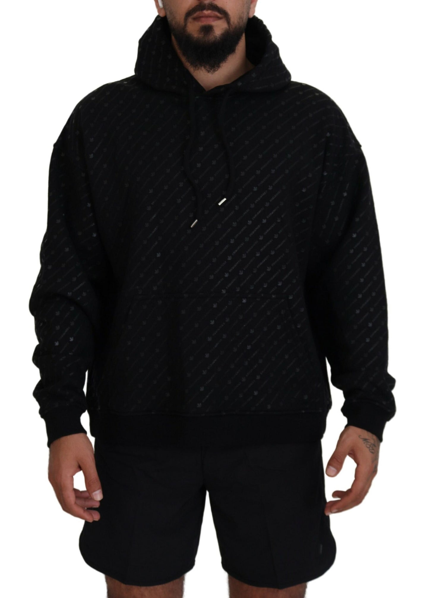 Dsquared² Schwarzer Baumwollpullover mit Kapuze, bedruckt, Herrenpullover