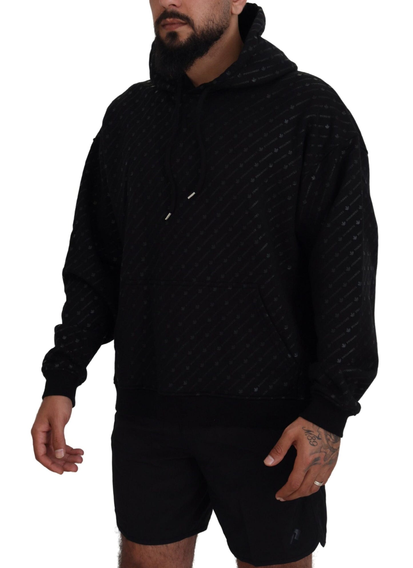 Dsquared² Schwarzer Baumwollpullover mit Kapuze, bedruckt, Herrenpullover