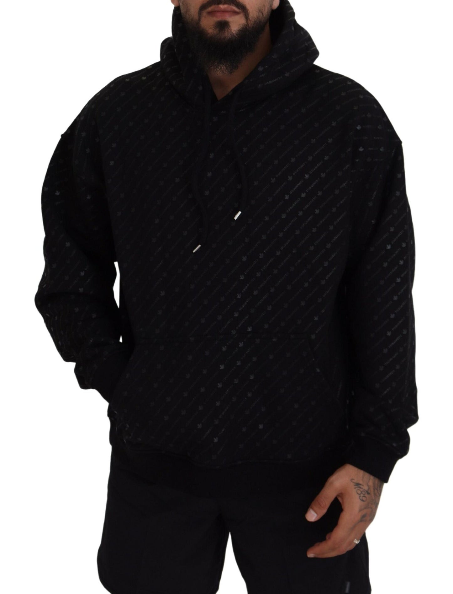 Dsquared² Schwarzer Baumwollpullover mit Kapuze, bedruckt, Herrenpullover