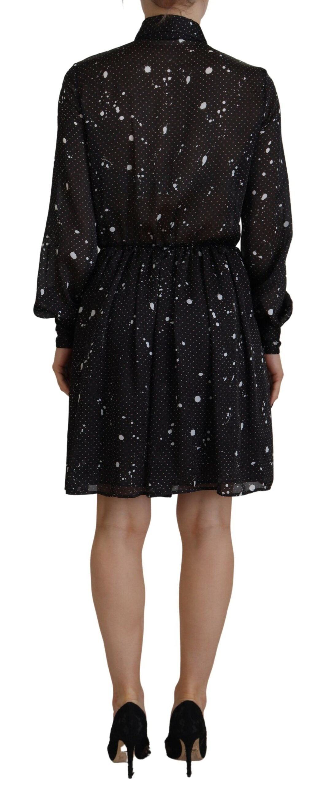 Dsquared² Schwarzes gepunktetes Kleid mit langen Ärmeln und Knopfleiste