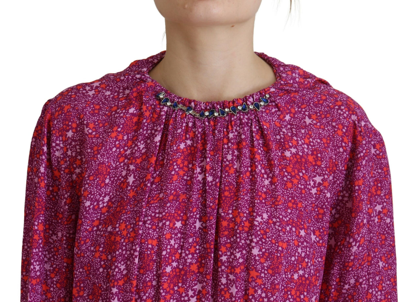 Dsquared² Fuchsia Sterne verschönertes Kleid mit langen Ärmeln