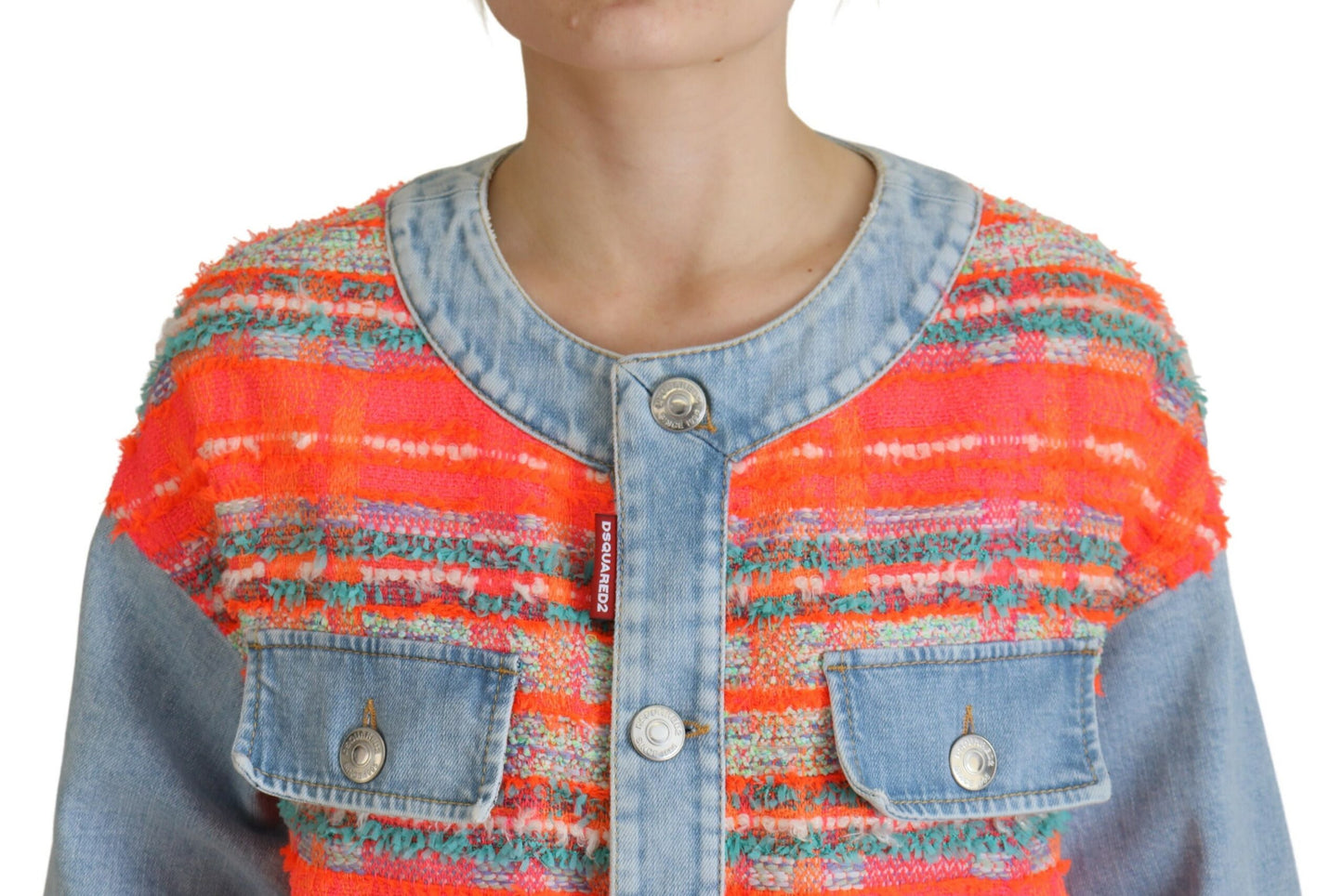 Dsquared² Orange Blau getäfelte Jeansjacke mit Knopfleiste