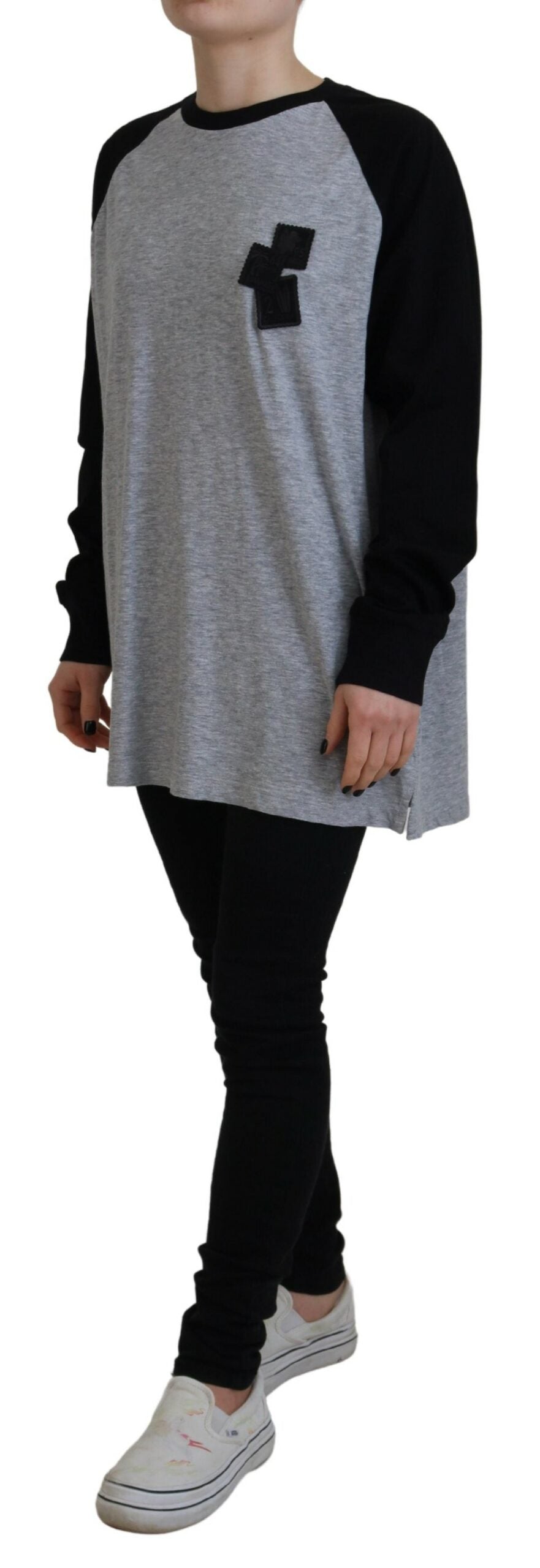 Dsquared² Schwarzes graues Baumwoll-Raglan-Top mit langen Ärmeln