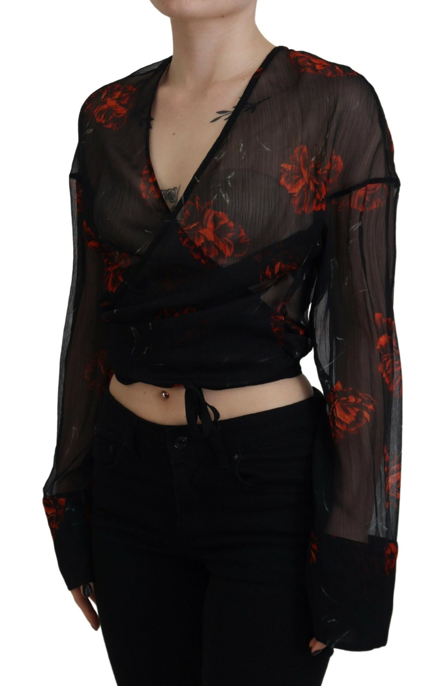 Dsquared² Schwarzes Top mit Blumenmuster und langen Ärmeln mit Wickeloptik
