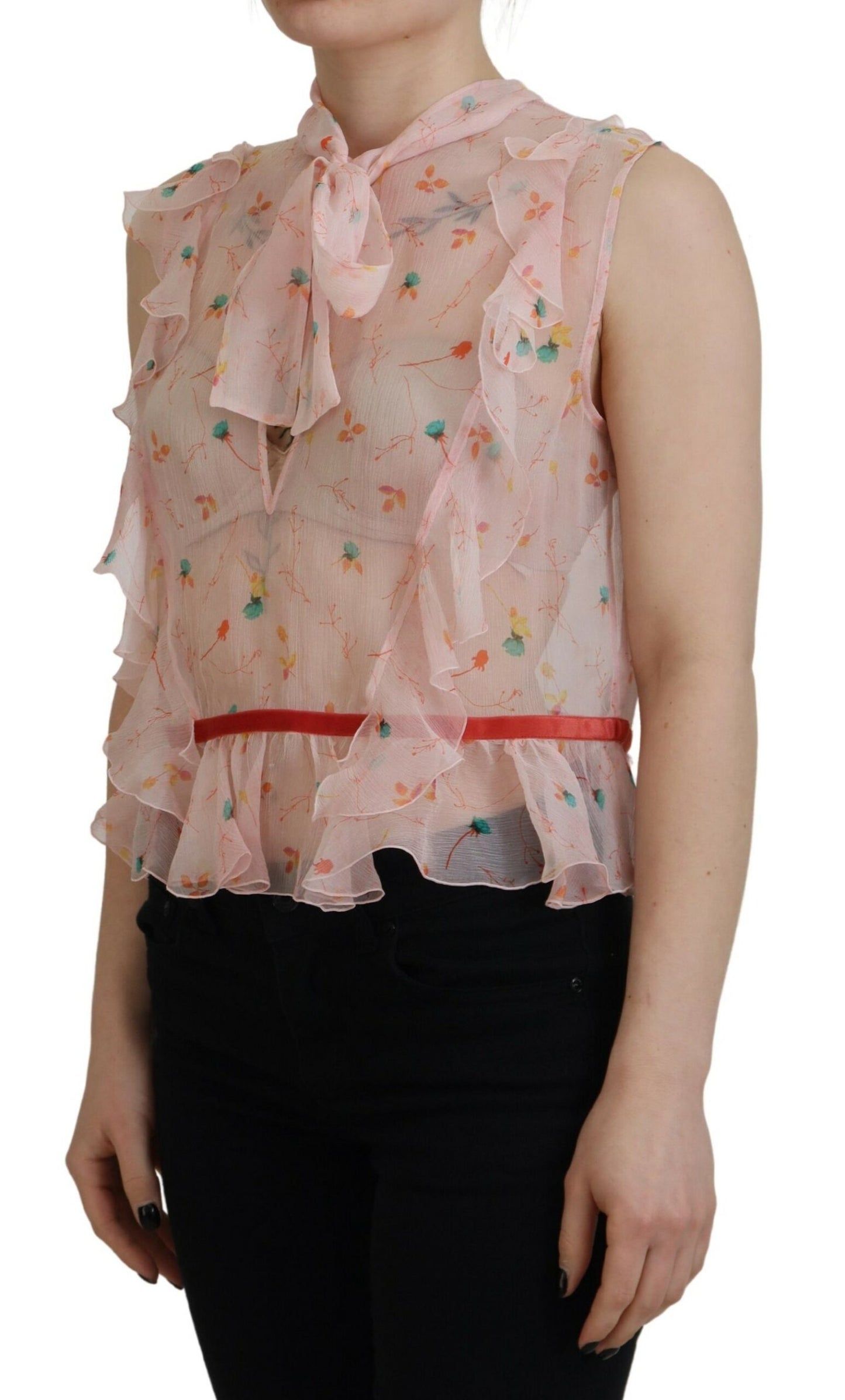 Dsquared² Pinkes ärmelloses Seidenoberteil mit Blumenmuster und Ascot-Kragen