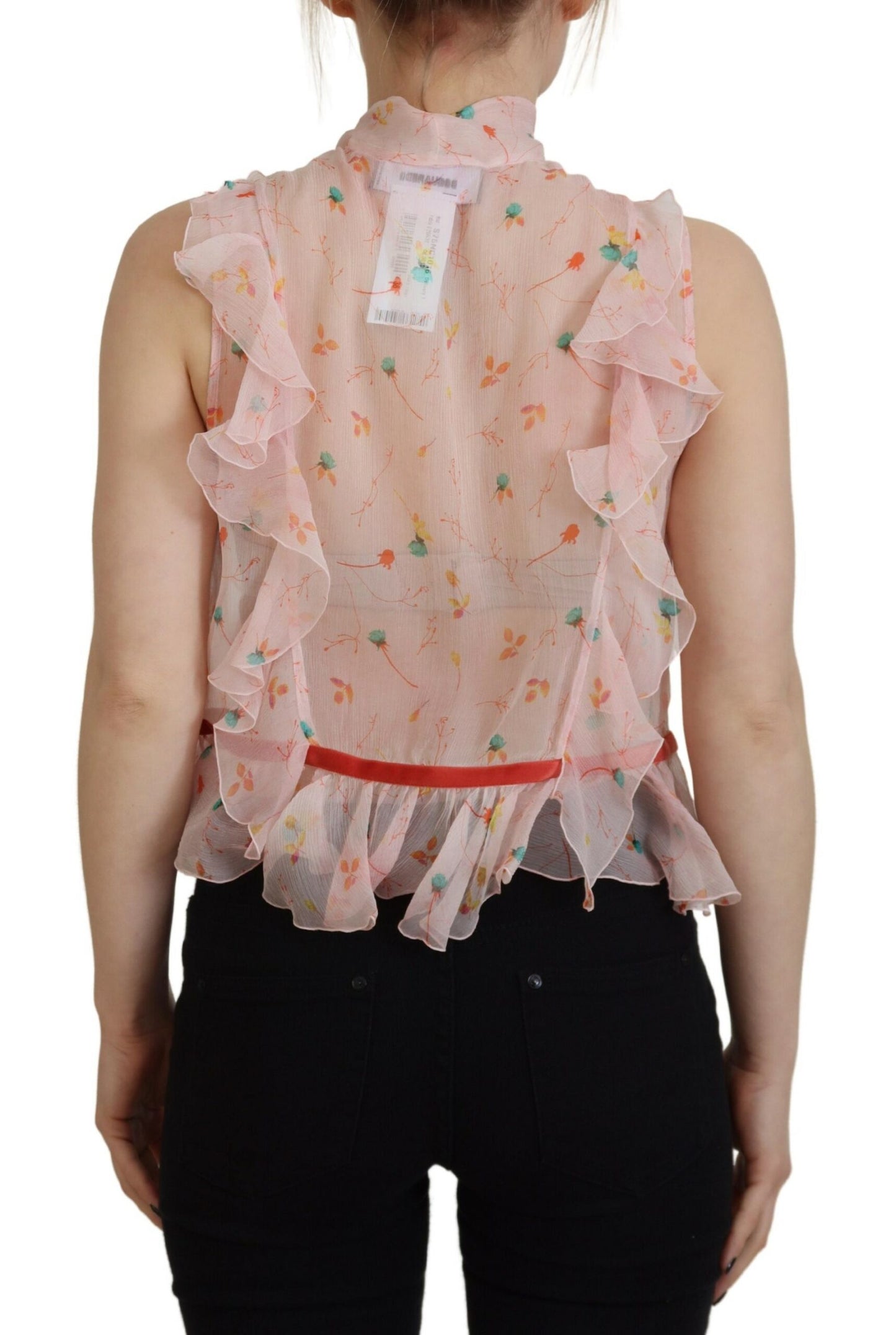 Dsquared² Pinkes ärmelloses Seidenoberteil mit Blumenmuster und Ascot-Kragen