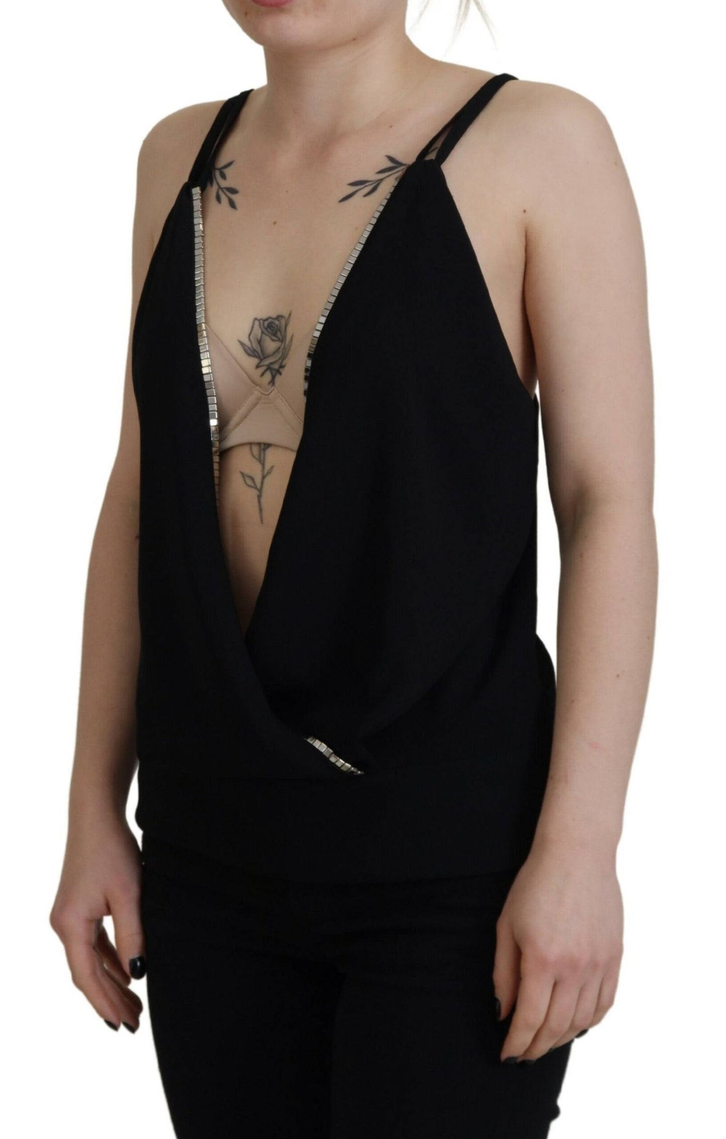 Dsquared² Schwarzes verschönertes ärmelloses Tank-Top mit tiefem V-Ausschnitt