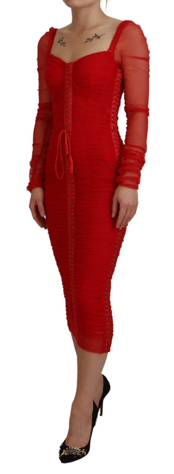 Dolce & Gabbana Rotes Netzbesetztes Bodycon Etuikleid Midikleid
