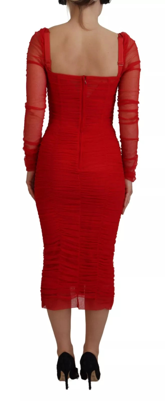 Dolce & Gabbana Rotes Netzbesetztes Bodycon Etuikleid Midikleid