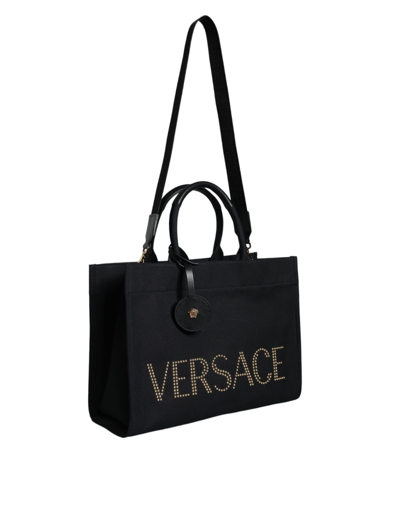 Versace Schwarze Top Handle Canvas Leder Logo Crossbody Tote Bag