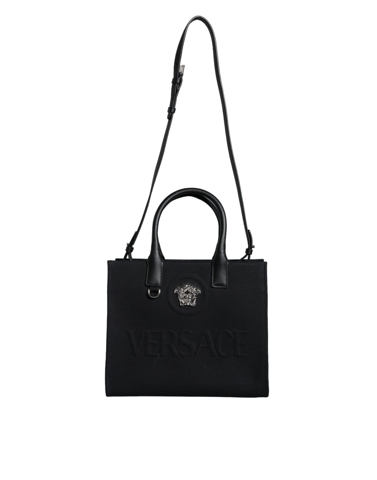 Versace Schwarze Top Handle Canvas Leder Logo Crossbody Tote Bag
