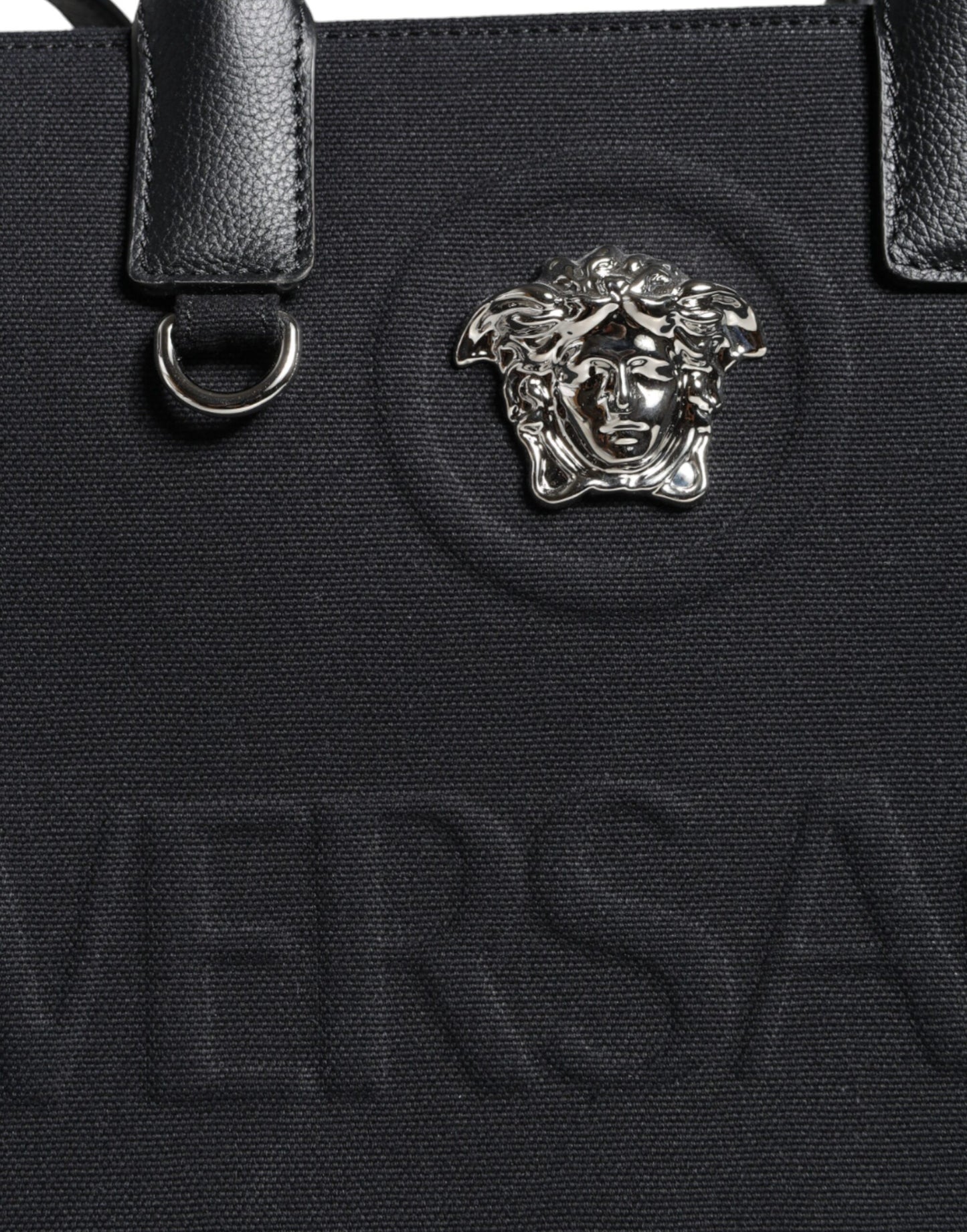 Versace Schwarze Top Handle Canvas Leder Logo Crossbody Tote Bag