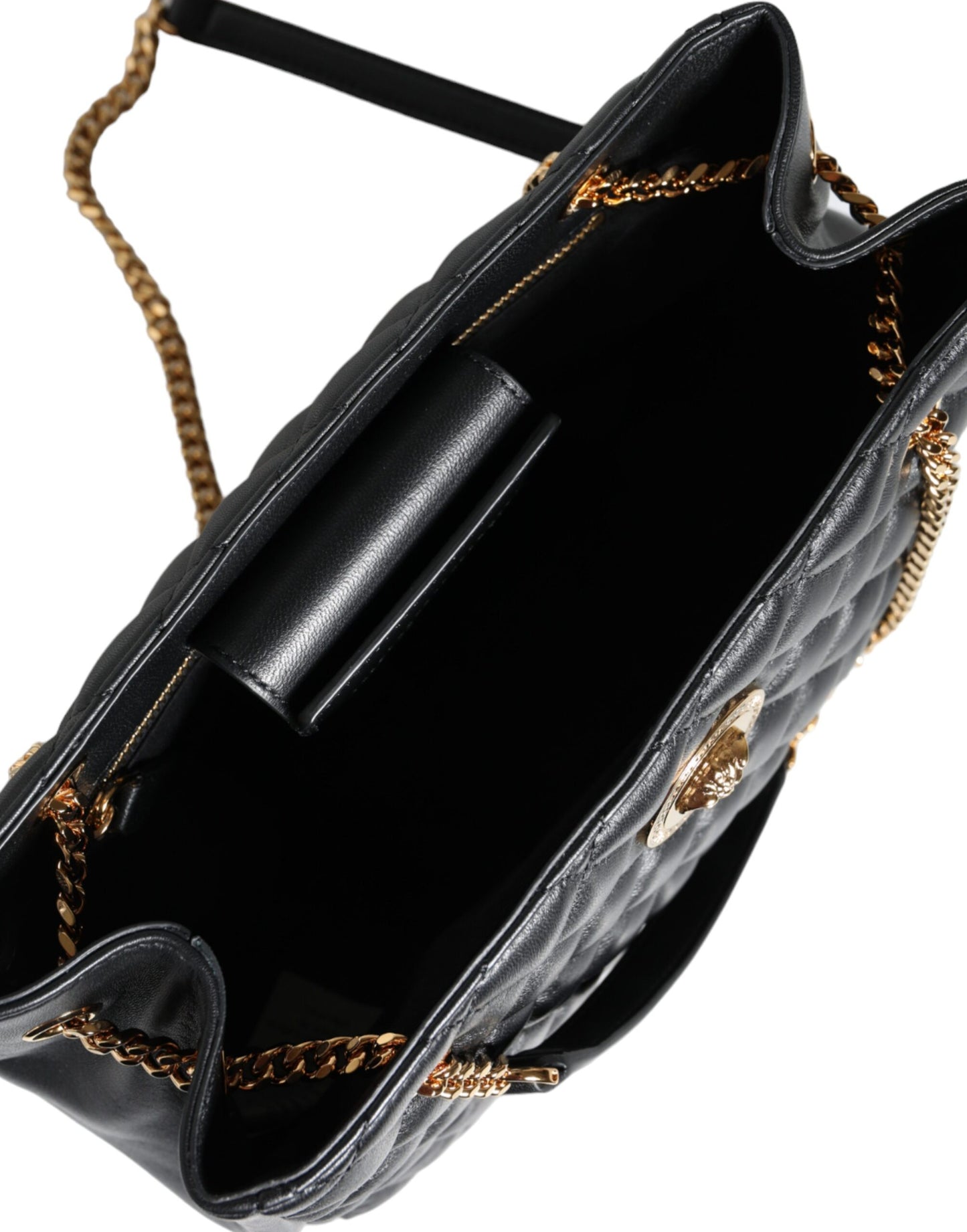 Versace Schwarze gesteppte Nappaleder-Schultertasche mit Kettenriemen
