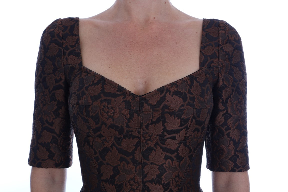 Dolce & Gabbana Schwarzbraunes Kleid aus geblümtem Brokat in A-Linie