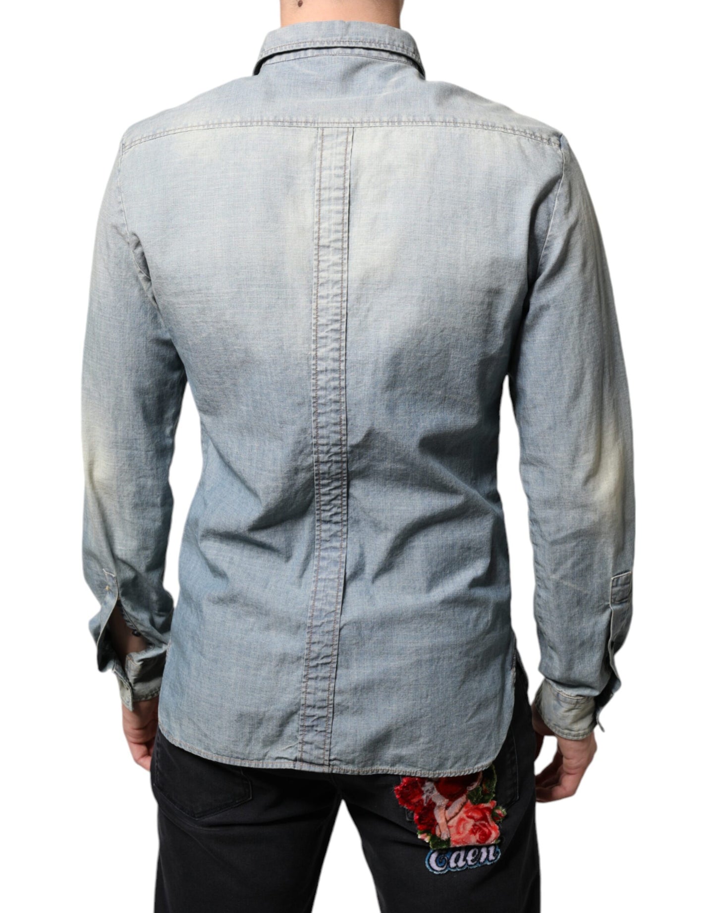 John Galliano Hellblaues bedrucktes Baumwoll-Denim-Hemd mit langen Ärmeln