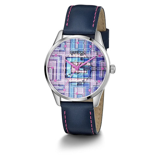 Guess Elegante blaue Leder-Armbanduhr