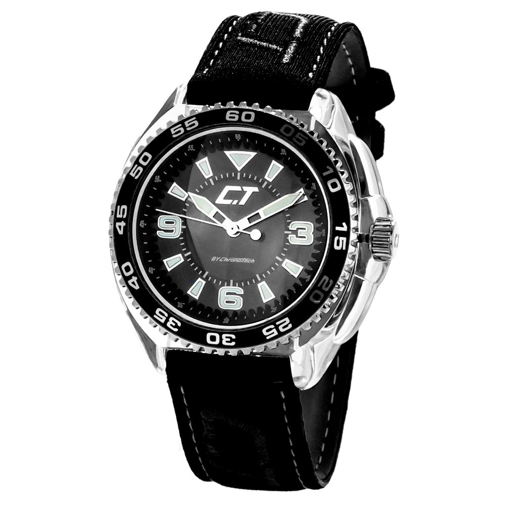 Chronotech Schwarze Leder-Sportuhr