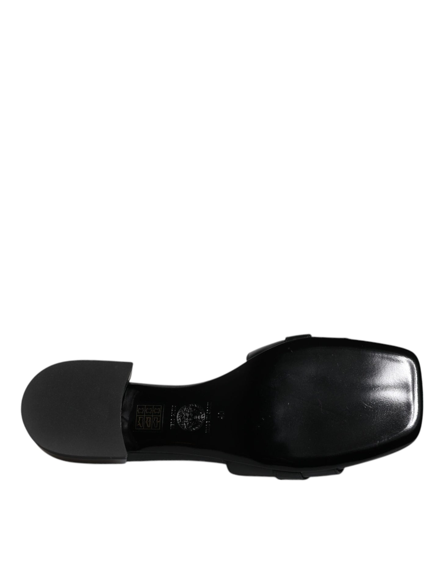 Versace Schwarz Leder Logo Plaque Slip On Slides Flats Schuhe