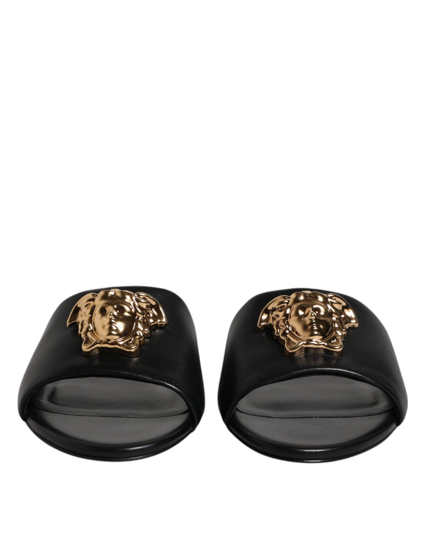 Versace Schwarz Leder Logo Plaque Slip On Slides Flats Schuhe