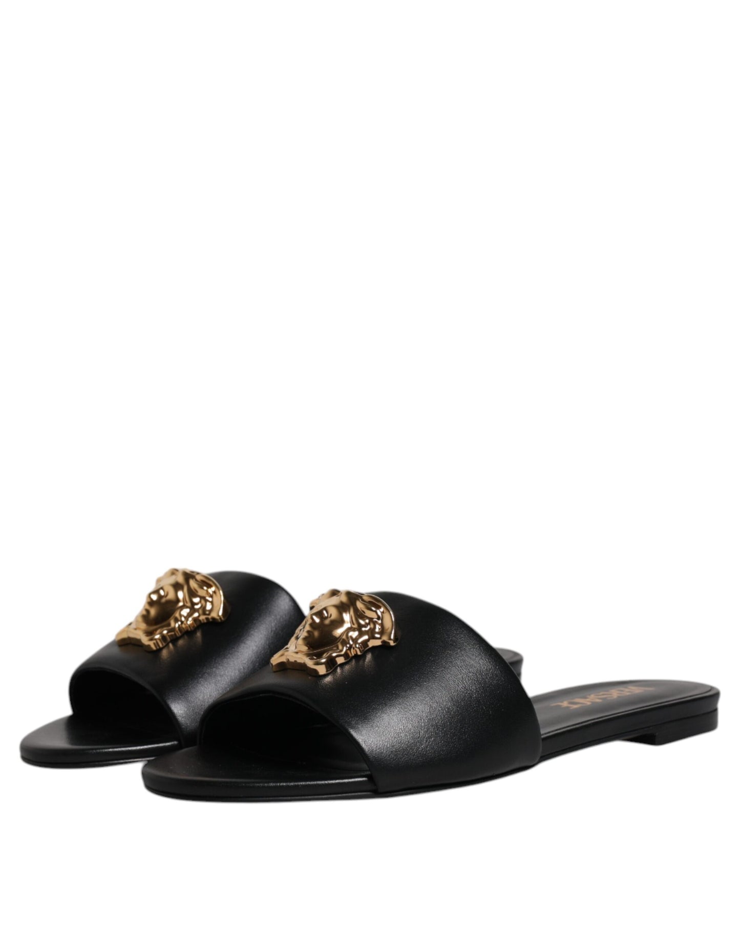 Versace Schwarz Leder Logo Plaque Slip On Slides Flats Schuhe