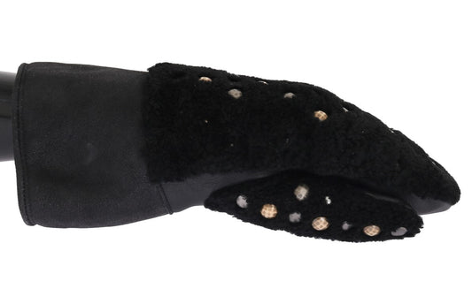 Dolce & Gabbana Schwarze Leder-Shearling-Handschuhe mit Nieten