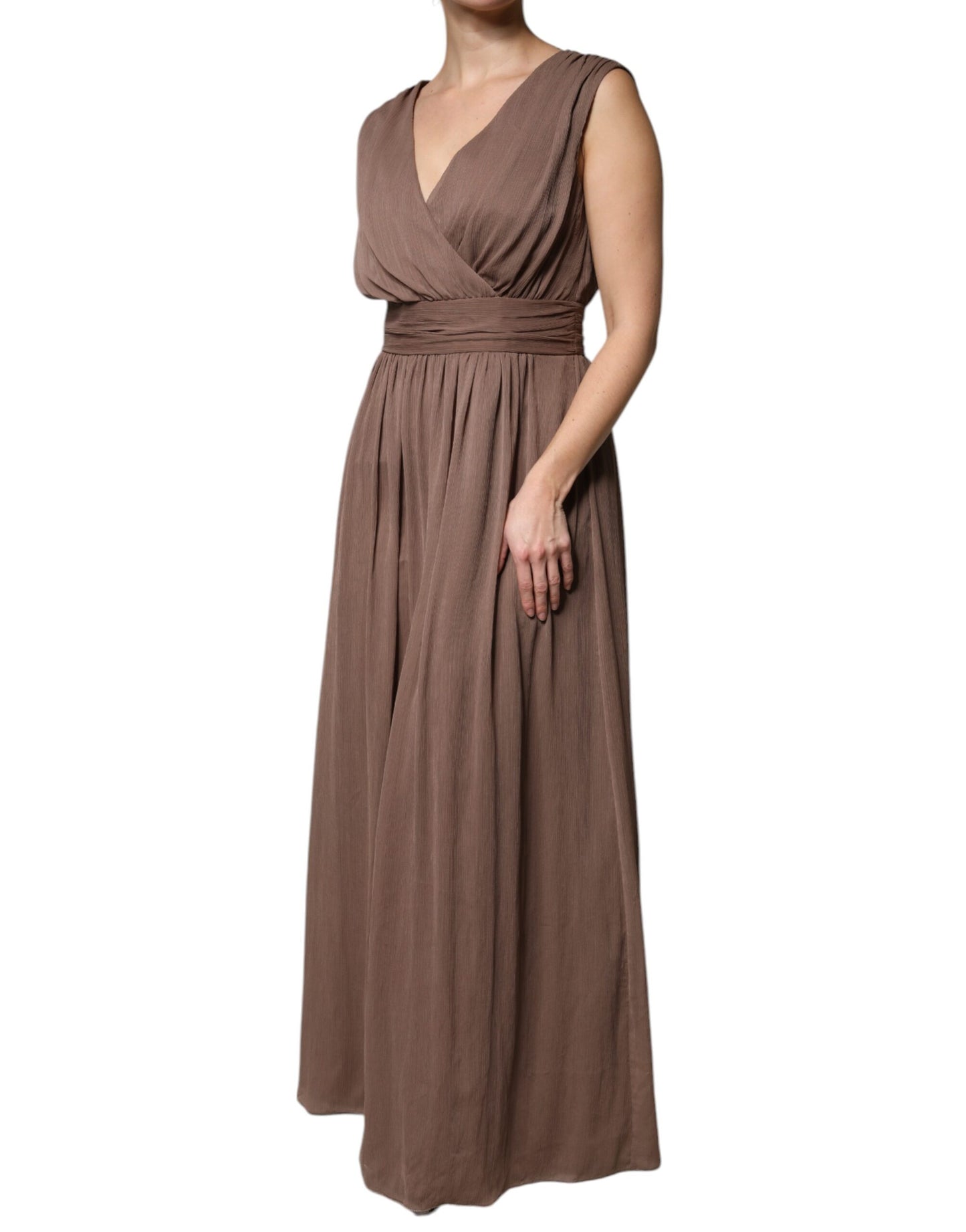 Peserico Braunes ärmelloses langes Maxikleid mit tiefem V-Ausschnitt in A-Linie