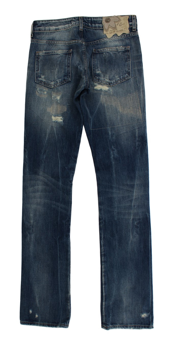 Cavalli Blaue Waschung Zerrissene Baumwolle Straight Fit Jeans