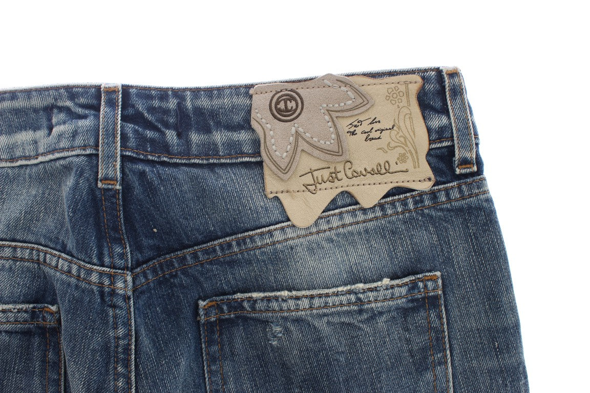 Cavalli Blaue Waschung Zerrissene Baumwolle Straight Fit Jeans