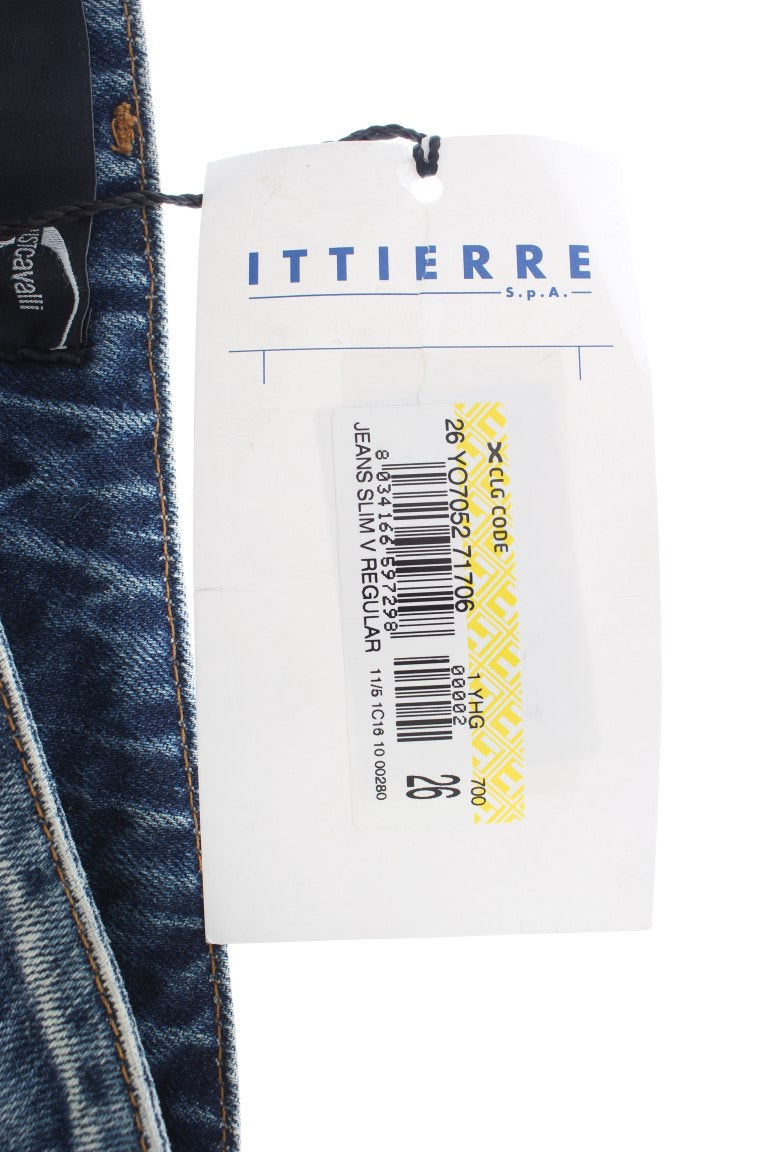 Cavalli Blaue Waschung Zerrissene Baumwolle Straight Fit Jeans