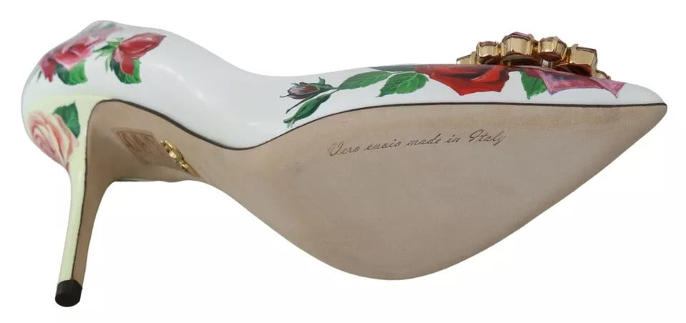 Dolce & Gabbana Weißes Leder Rosen Kristall Pumps Schuhe