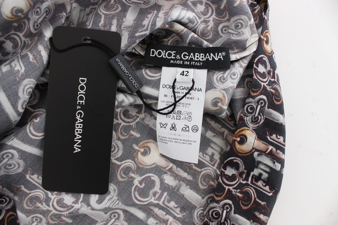 Dolce & Gabbana Graue Seidenbluse mit Goldschlüssel-Druck T-shirt