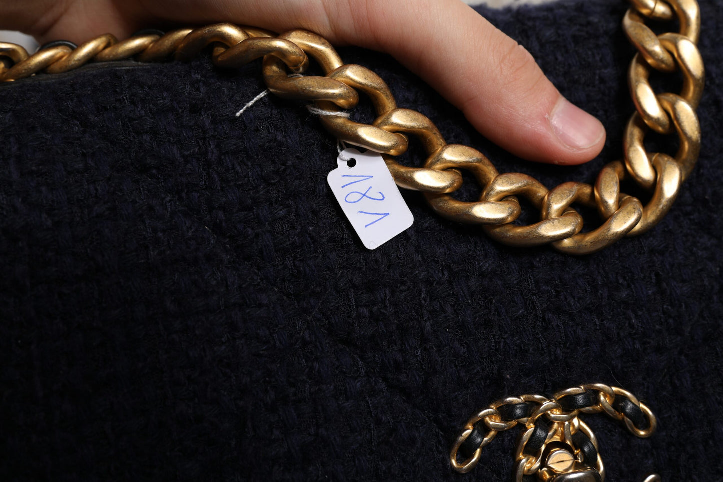 Chanel Dunkelblau Medium Flap Tweed CC Gold Gray Chain Umhängetasche
