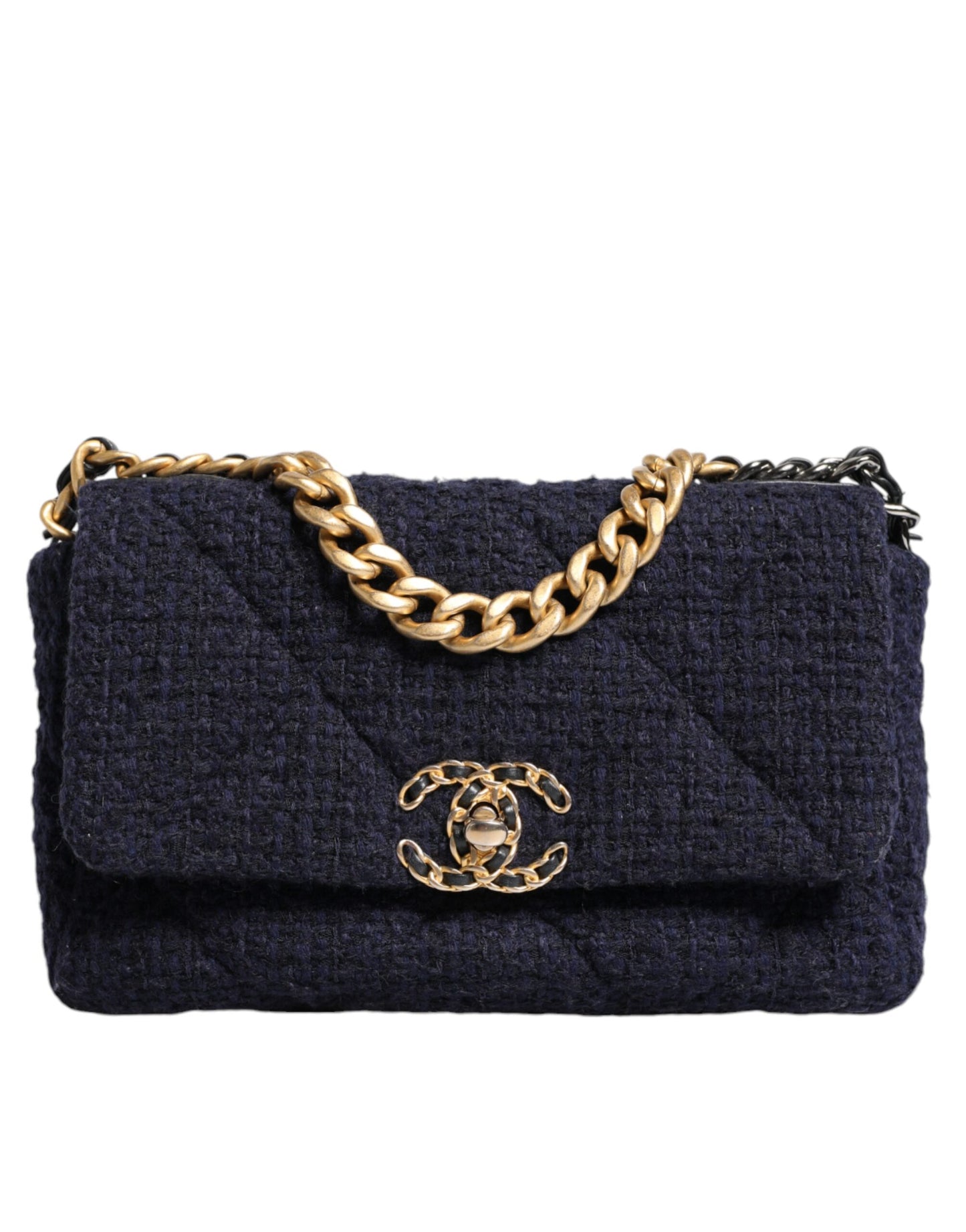 Chanel Dunkelblau Medium Flap Tweed CC Gold Gray Chain Umhängetasche