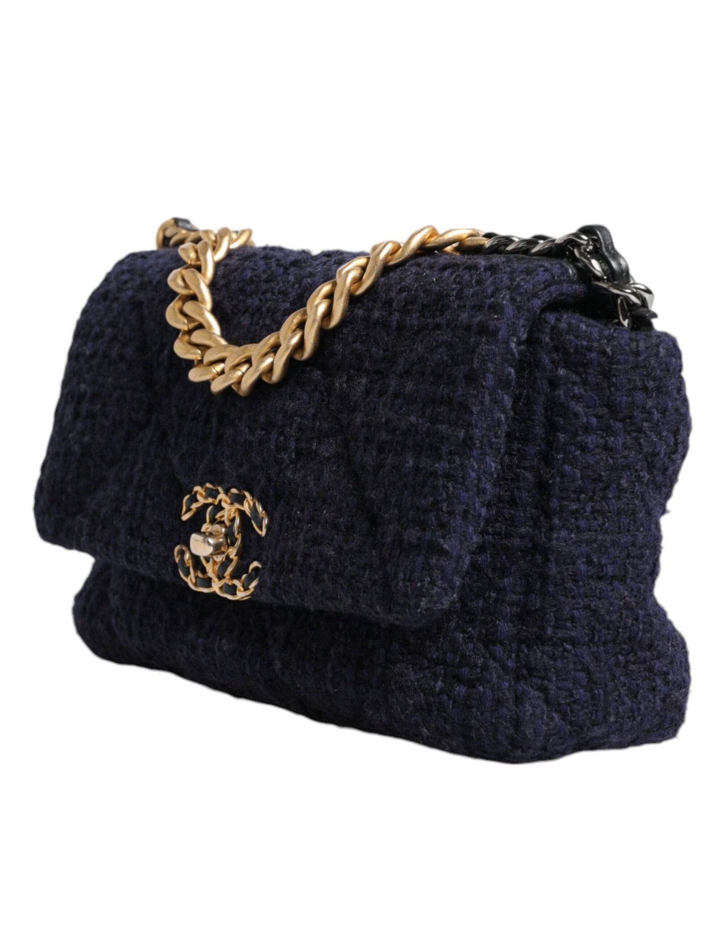 Chanel Dunkelblau Medium Flap Tweed CC Gold Gray Chain Umhängetasche