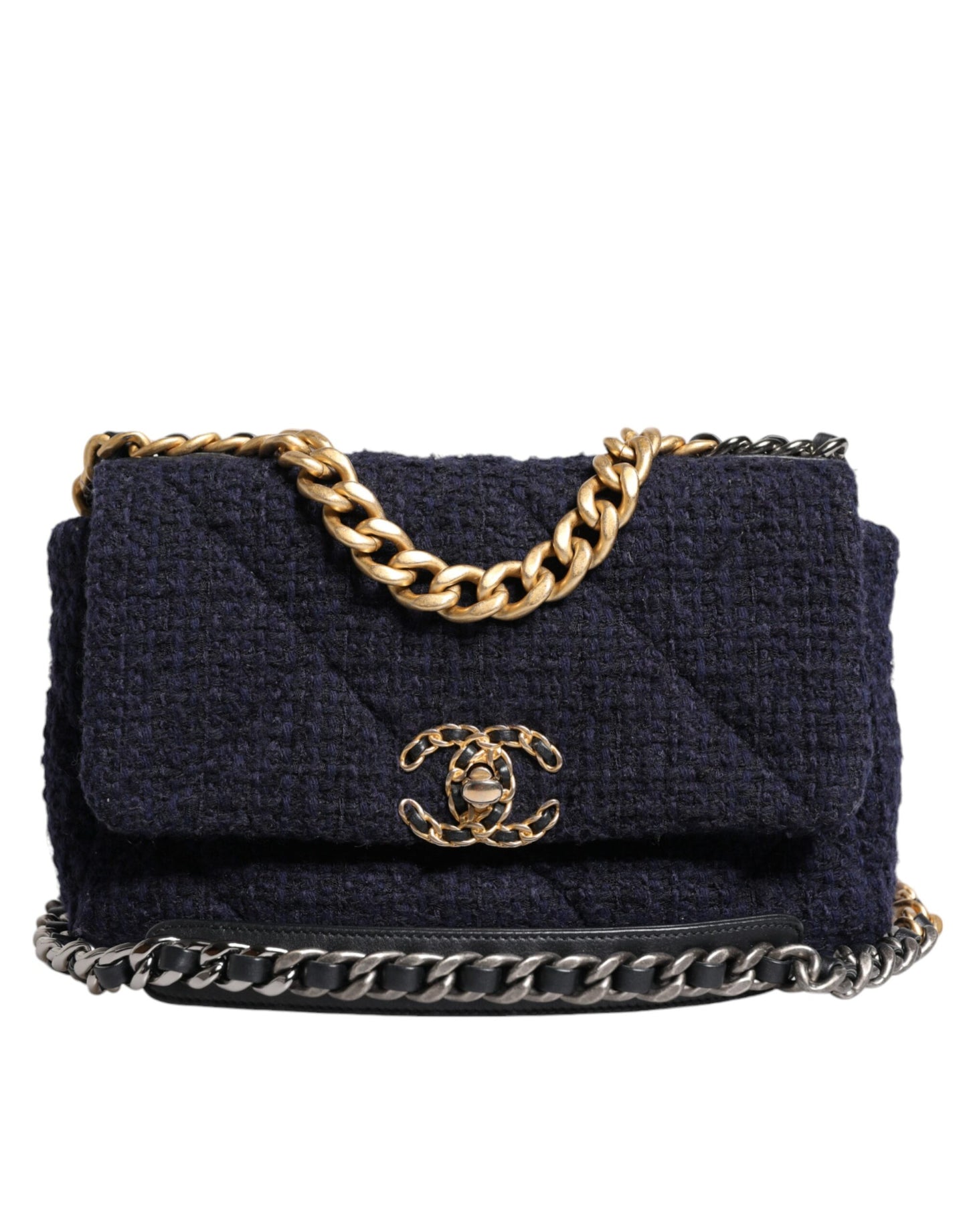 Chanel Dunkelblau Medium Flap Tweed CC Gold Gray Chain Umhängetasche