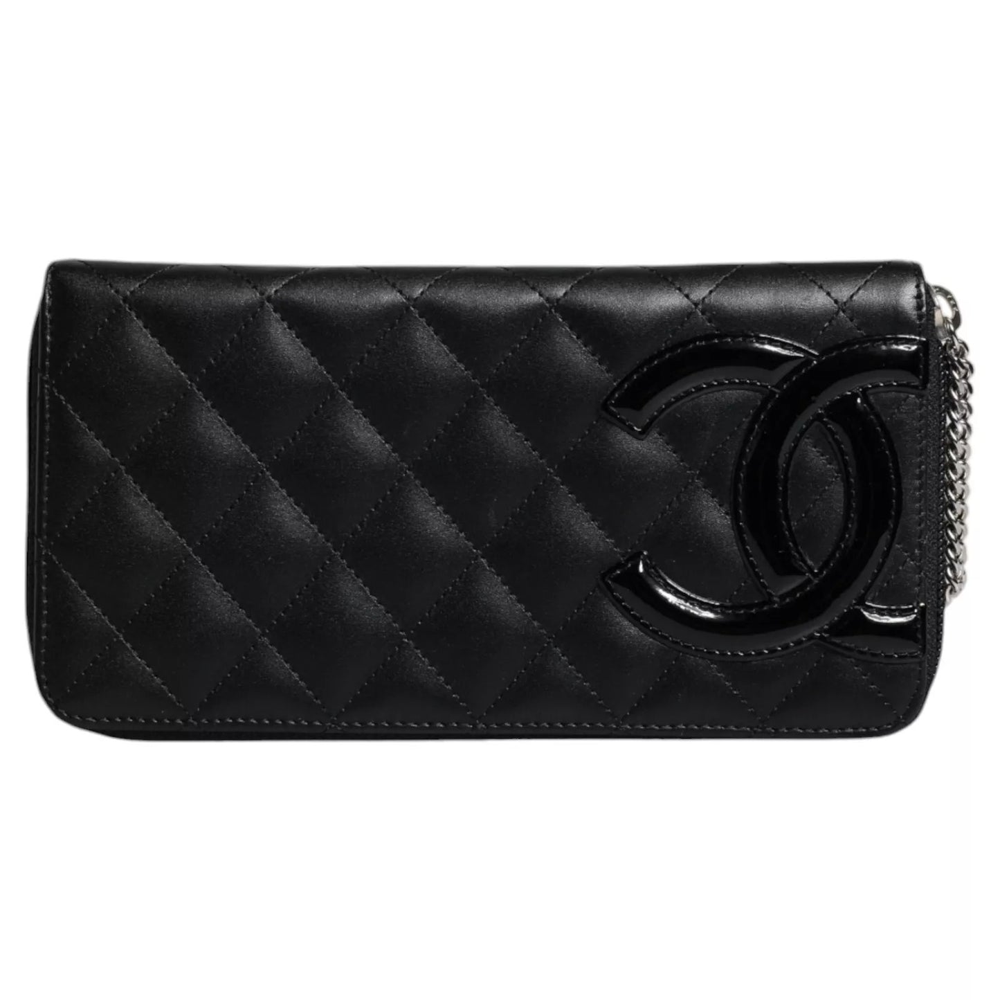 Chanel Schwarzes gestepptes Leder Logo CC Continental Zip Wallet