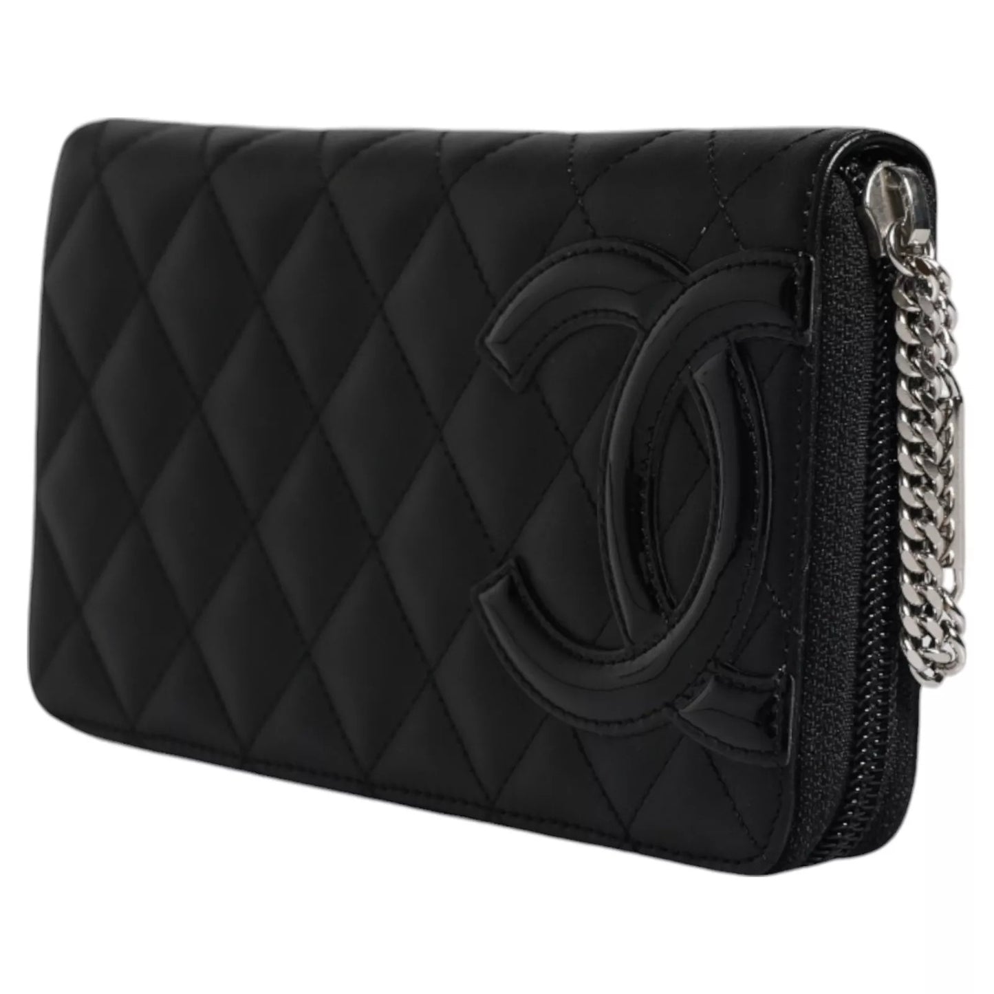 Chanel Schwarzes gestepptes Leder Logo CC Continental Zip Wallet