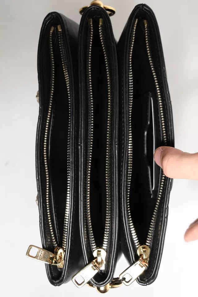 Dolce & Gabbana Schwarze Leder-Umhängetasche mit kristallbesetztem Logo