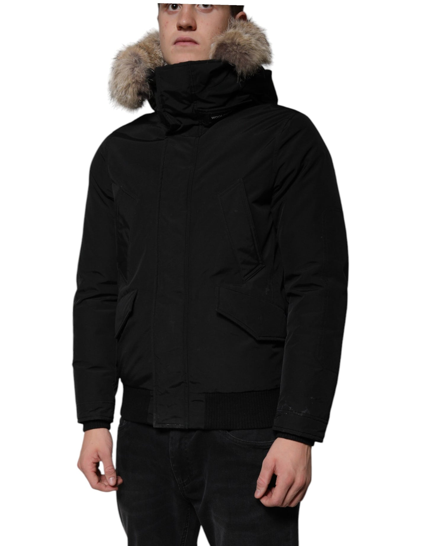 Woolrich Schwarzer Kapuzenmantel mit langen Ärmeln Pelz Shearling Mantel Jacke