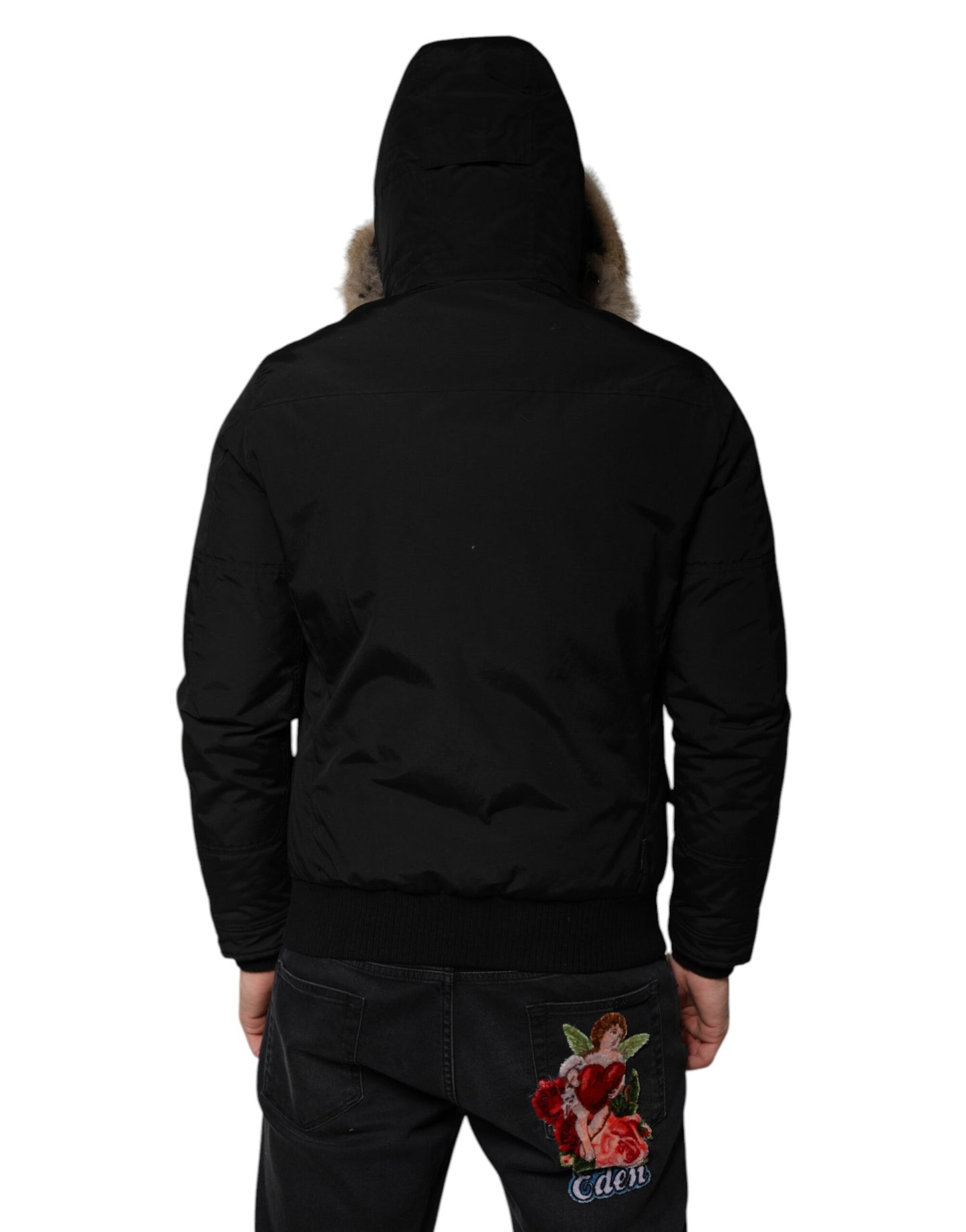Woolrich Schwarzer Kapuzenmantel mit langen Ärmeln Pelz Shearling Mantel Jacke