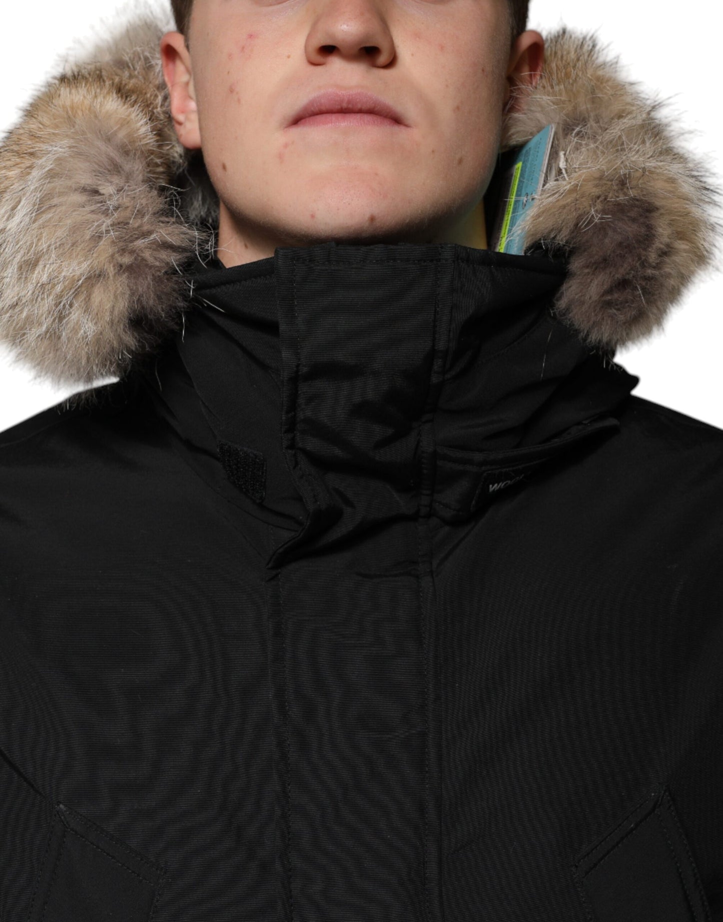 Woolrich Schwarzer Kapuzenmantel mit langen Ärmeln Pelz Shearling Mantel Jacke