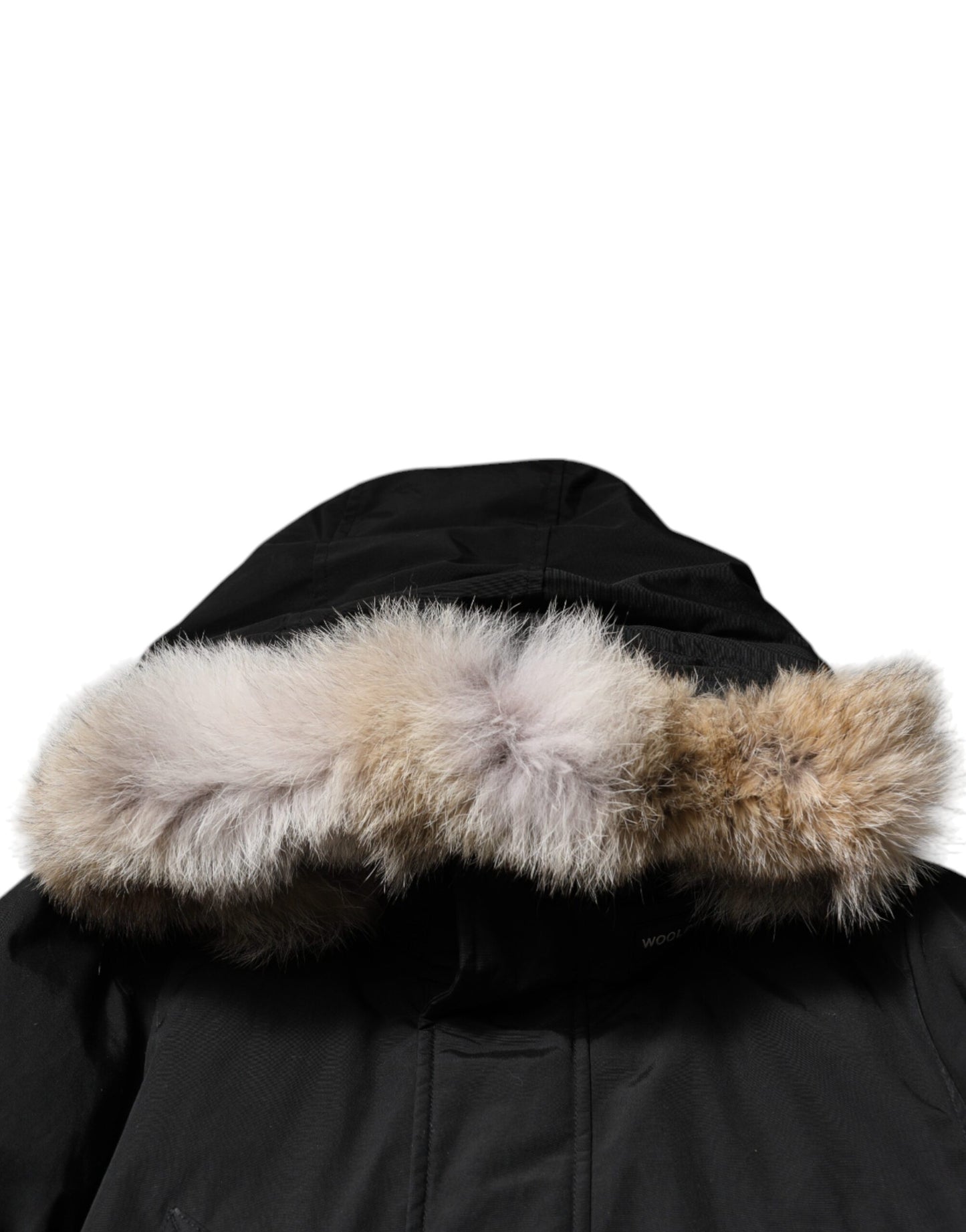 Woolrich Schwarzer Kapuzenmantel mit langen Ärmeln Pelz Shearling Mantel Jacke