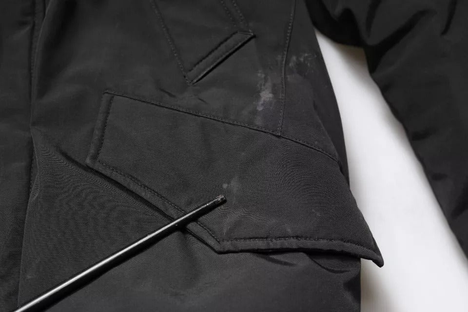 Woolrich Schwarzer Kapuzenmantel mit langen Ärmeln Pelz Shearling Mantel Jacke