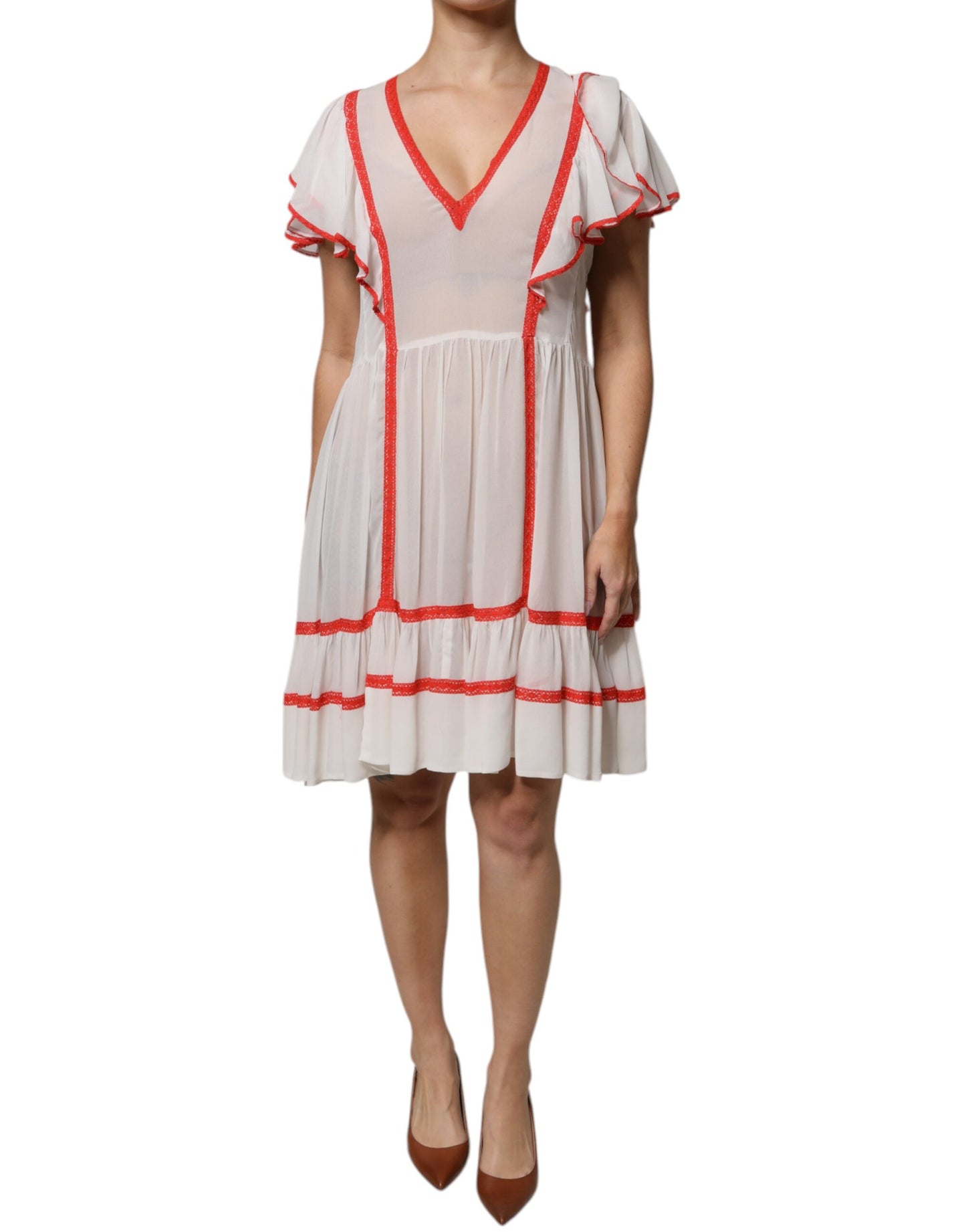 Twinset Weißes Minikleid aus Viskose mit Rüschenärmeln in A-Linie und Plissee