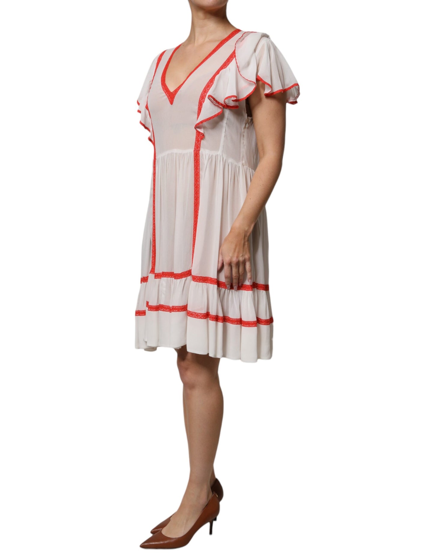 Twinset Weißes Minikleid aus Viskose mit Rüschenärmeln in A-Linie und Plissee