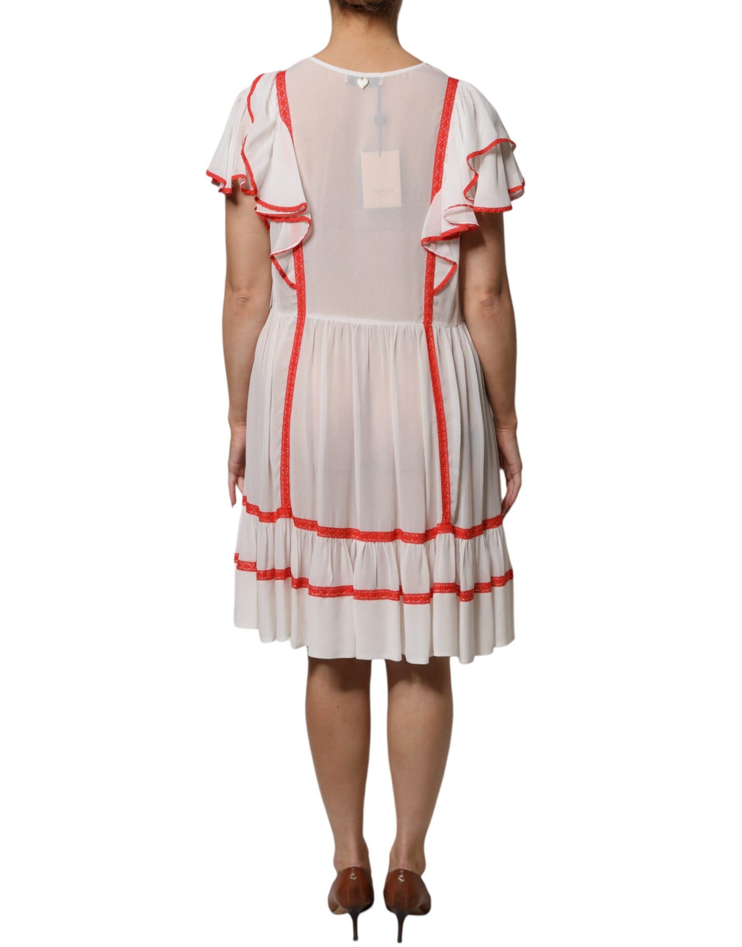 Twinset Weißes Minikleid aus Viskose mit Rüschenärmeln in A-Linie und Plissee