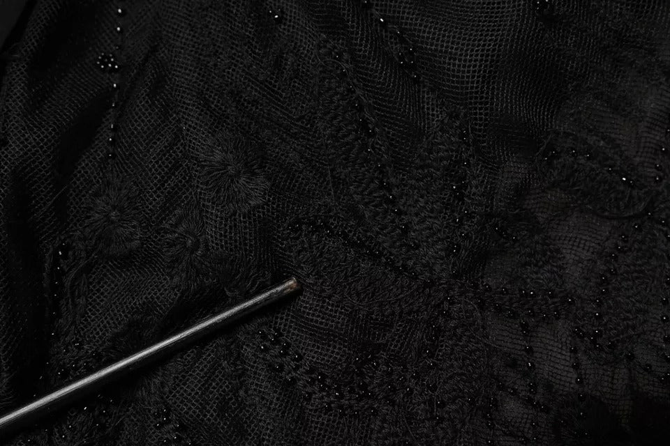 Blugirl Schwarzes Minikleid mit kurzen Ärmeln und floralem Spitzenbesatz in A-Linie